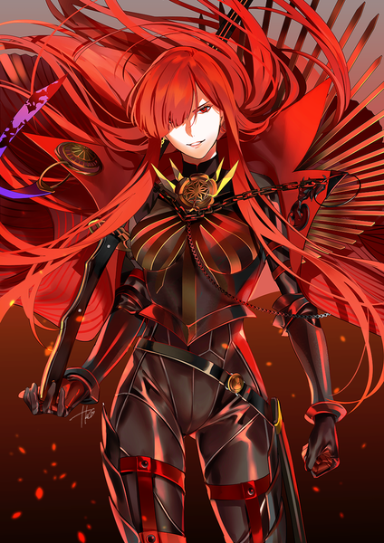 Anime picture 990x1400 with fate (series) fate/grand order oda nobunaga (fate) (all) oda nobunaga (maou avenger) (fate) takashi (huzakenna) single long hair tall image looking at viewer fringe smile red eyes standing signed red hair head tilt hair over one eye girl weapon sword