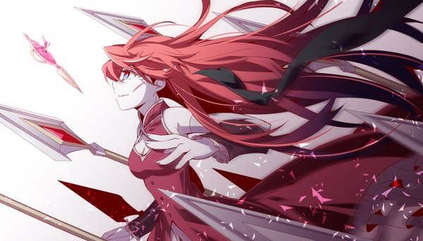 Anime picture 1500x858 with mahou shoujo madoka magica shaft (studio) sakura kyouko aya003030 long hair wide image bare shoulders red hair profile multicolored eyes girl detached sleeves spear