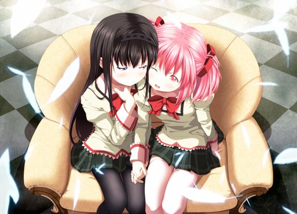 Anime picture 1600x1153 with mahou shoujo madoka magica shaft (studio) akemi homura kaname madoka tsukumo long hair blush short hair open mouth black hair sitting purple eyes multiple girls pink hair one eye closed pink eyes wink girl uniform ribbon (ribbons)