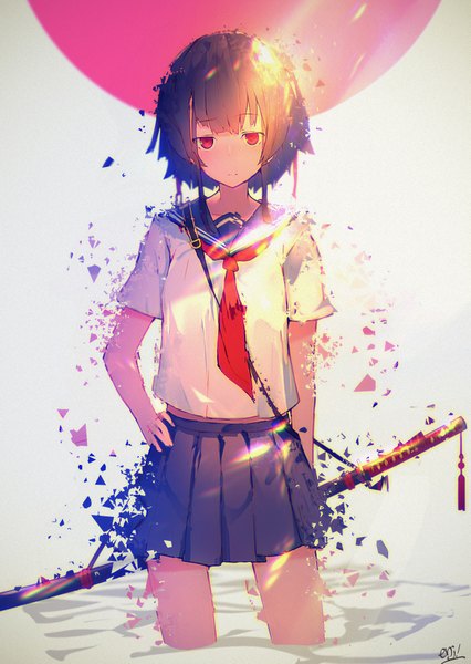 Anime picture 2866x4037 with original enj! tall image looking at viewer fringe highres short hair black hair simple background red eyes standing signed pleated skirt grey background sheathed girl skirt uniform weapon miniskirt
