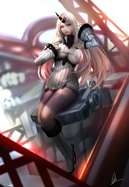 Anime picture 689x1000 with kantai collection seaport hime cglas single long hair tall image looking at viewer breasts light erotic red eyes large breasts white hair horn (horns) shinkaisei-kan girl detached sleeves pantyhose boots