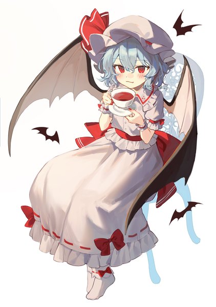 Anime picture 1442x2048 with touhou remilia scarlet jill 07km single tall image blush fringe short hair simple background hair between eyes red eyes white background sitting blue hair full body nail polish from above bat wings girl hat