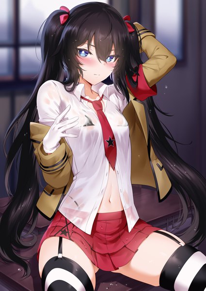 Anime picture 2508x3541 with black rock shooter black rock shooter (character) mdastarou single long hair tall image looking at viewer blush fringe highres blue eyes light erotic black hair hair between eyes sitting twintails payot indoors pleated skirt arm up