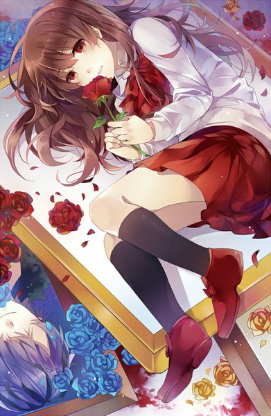 Anime picture 652x1000 with ib (game) ib (ib) d67 (rhymebox) single long hair tall image looking at viewer blush red eyes brown hair lying long sleeves light smile portrait framed girl skirt uniform flower (flowers) ribbon (ribbons)