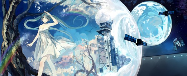 Anime picture 4000x1627 with vocaloid hatsune miku bou shaku single blush highres wide image twintails looking away cloud (clouds) very long hair aqua hair sleeveless cherry blossoms space girl dress plant (plants) tree (trees) white dress