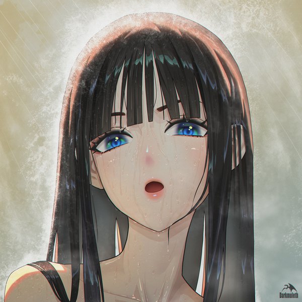 Anime picture 3000x3000 with original darkmuleth single long hair looking at viewer blush fringe highres open mouth blue eyes black hair signed blunt bangs :o wet face hair over shoulder girl