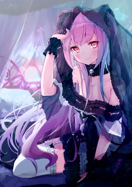 Anime picture 1448x2048 with virtual youtuber hololive uruha rushia uruha rushia (3rd costume) mikami hotaka single long hair tall image looking at viewer blush fringe sitting purple hair pink eyes off shoulder two side up girl thighhighs white thighhighs garter straps