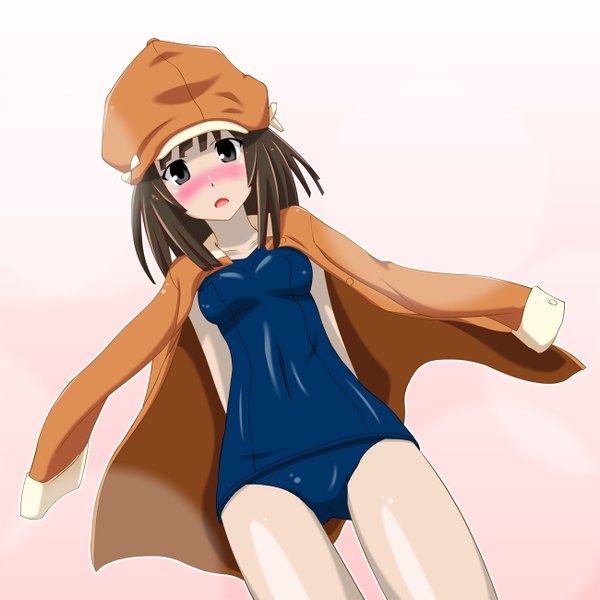 Anime picture 1300x1300 with bakemonogatari sengoku nadeko watarui single looking at viewer blush short hair open mouth light erotic simple background brown hair black eyes girl swimsuit hat jacket headdress one-piece swimsuit school swimsuit