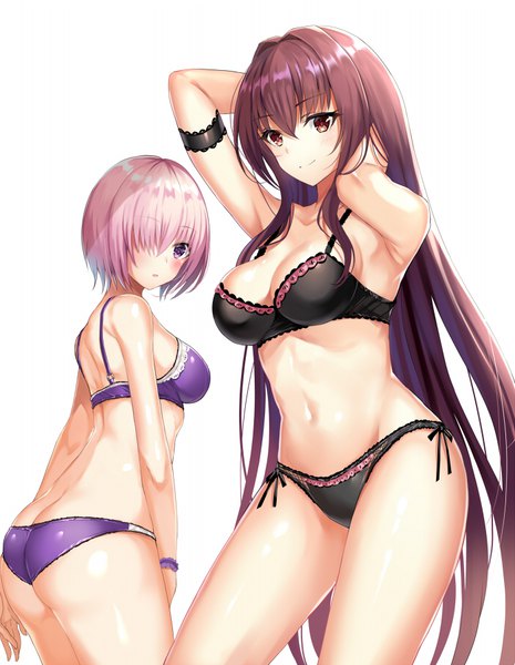 Anime picture 700x902 with fate (series) fate/grand order mash kyrielight scathach (fate) (all) scathach (fate) harimoji tall image looking at viewer fringe short hair breasts light erotic simple background smile hair between eyes red eyes brown hair large breasts standing white background