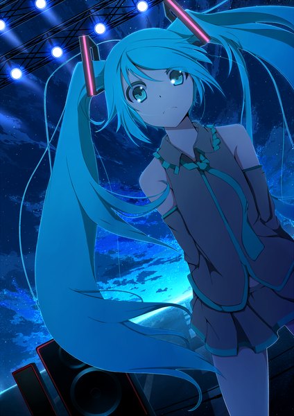 Anime picture 1000x1414 with vocaloid hatsune miku momiji oroshi single long hair tall image looking at viewer twintails cloud (clouds) aqua eyes aqua hair night night sky girl detached sleeves necktie speakers