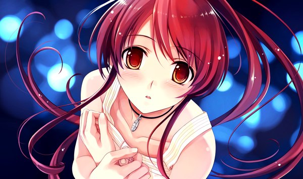 Anime picture 2048x1210 with suiheisen made nan mile? miyamae tomoka misaki kurehito single long hair looking at viewer blush fringe highres open mouth red eyes wide image game cg outdoors ponytail red hair from above wind lens flare hand on chest