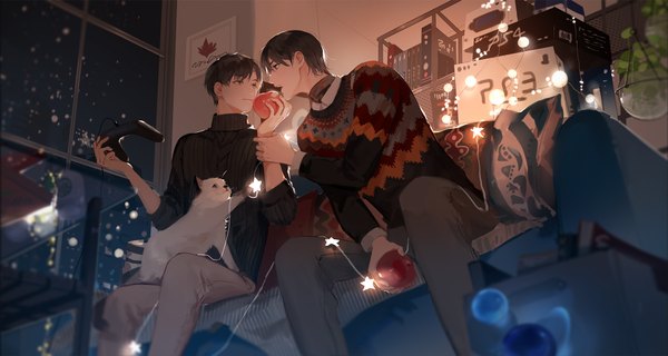 Anime picture 1872x1000 with original sony aboutzhouye highres short hair open mouth blue eyes black hair wide image sitting holding brown eyes bent knee (knees) indoors profile blurry night multiple boys new year eye contact