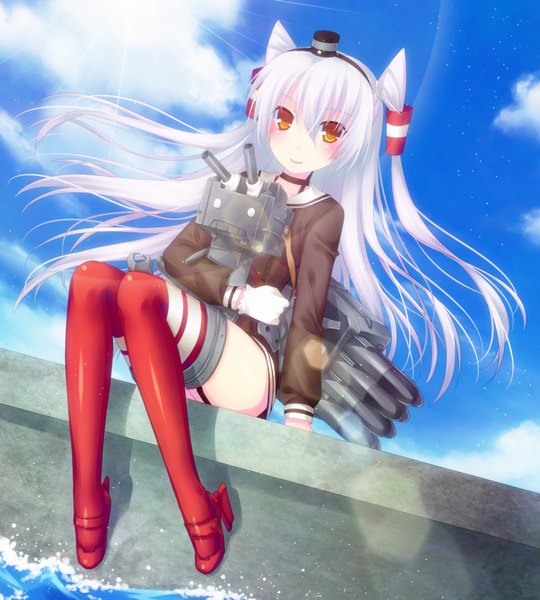 Anime picture 900x1000 with kantai collection amatsukaze destroyer rensouhou-kun door to heaven single long hair tall image blush smile sitting sky cloud (clouds) white hair orange eyes two side up girl thighhighs hat hair tubes mini hat