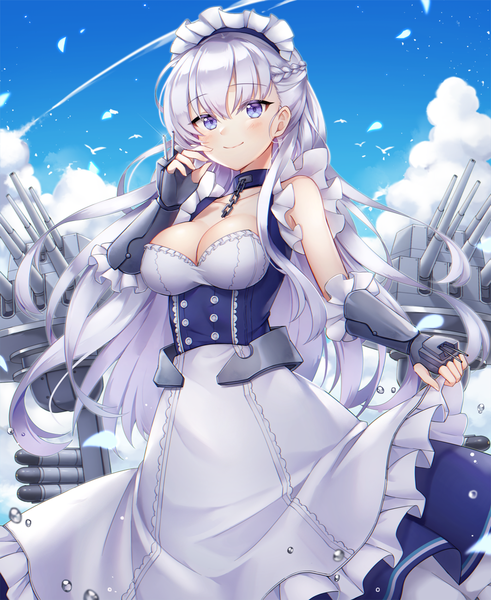 Anime picture 1063x1300 with azur lane belfast (azur lane) pong (vndn124) single long hair tall image looking at viewer blush fringe breasts blue eyes light erotic smile hair between eyes large breasts standing bare shoulders sky cleavage silver hair