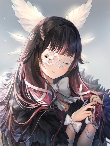 Anime picture 1886x2500 with genshin impact columbina (genshin impact) silverpixia single long hair tall image fringe highres black hair signed upper body blunt bangs eyes closed multicolored hair streaked hair head wings tress ribbon hairdressing girl ribbon (ribbons)