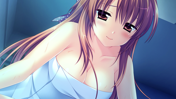 Anime picture 1280x720 with natsu koi high pressure shinonome misaki ayamisiro single long hair looking at viewer blush breasts light erotic brown hair wide image large breasts bare shoulders brown eyes game cg cleavage night partial nude naked towel girl