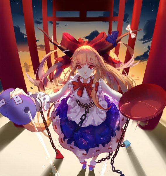 Anime picture 1400x1478 with touhou ibuki suika mconch single long hair tall image looking at viewer fringe blonde hair smile red eyes holding cloud (clouds) horn (horns) from above sunlight night night sky evening sunset