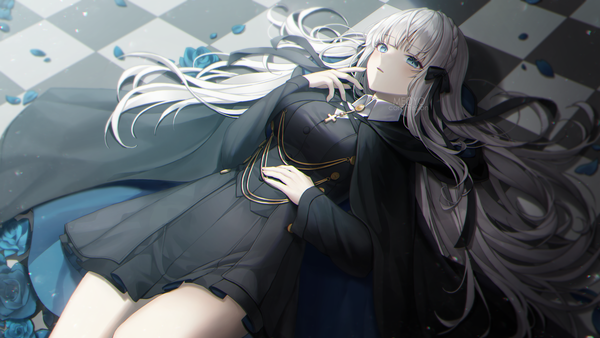Anime picture 3840x2160 with original meoyo single long hair looking at viewer blush fringe highres open mouth blue eyes wide image signed absurdres silver hair lying blunt bangs braid (braids) long sleeves on back dutch angle