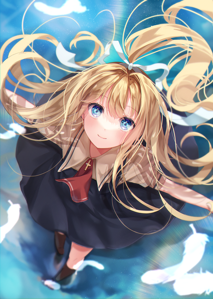 Anime picture 2832x3976 with air key (studio) kamio misuzu fuyoyo single long hair tall image looking at viewer fringe highres blue eyes blonde hair smile hair between eyes ponytail from above spread arms girl uniform ribbon (ribbons)