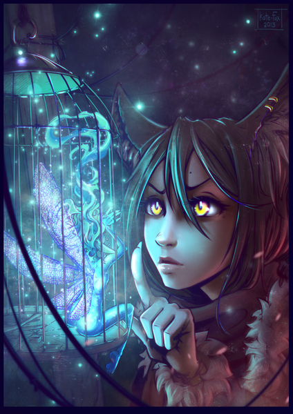 Anime picture 1024x1448 with original katrin fox kate-fox long hair tall image black hair sitting multiple girls animal ears bent knee (knees) fingernails fox ears close-up fantasy glow fairy girl 2 girls wings wire (wires)