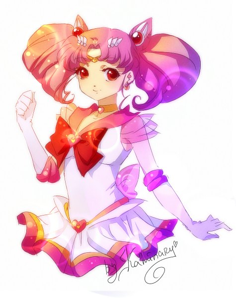 Anime picture 950x1200 with bishoujo senshi sailor moon toei animation chibiusa sailor chibi moon kaminary single tall image short hair simple background smile red eyes white background twintails signed looking away pink hair short twintails girl gloves earrings