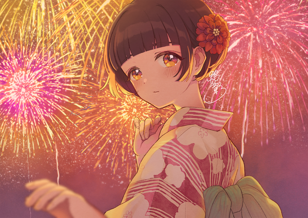 Anime picture 1754x1240 with original kamogawa akira single looking at viewer blush fringe highres short hair brown hair brown eyes signed upper body blunt bangs traditional clothes japanese clothes turning head fireworks girl hair ornament obi