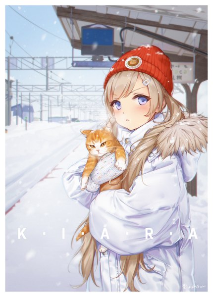 Anime picture 1000x1394 with original kiara (maou renjishi) bigxixi single long hair tall image looking at viewer blush fringe blue eyes blonde hair standing twintails holding signed outdoors fur trim character names border snowing