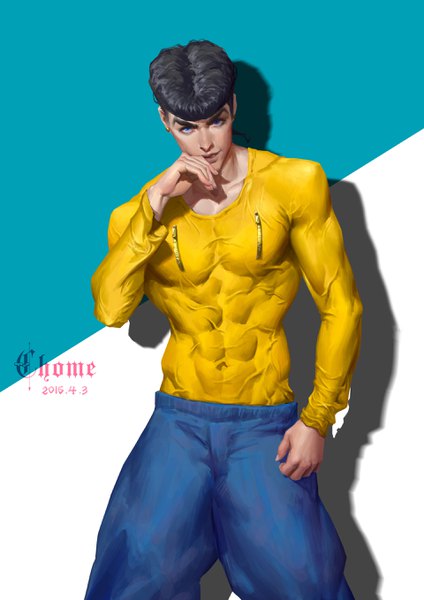 Anime-Bild 1920x2716 mit jojo no kimyou na bouken higashikata jousuke c home single tall image looking at viewer highres short hair blue eyes black hair simple background standing signed realistic covered navel dated muscle hand to mouth abs skin tight