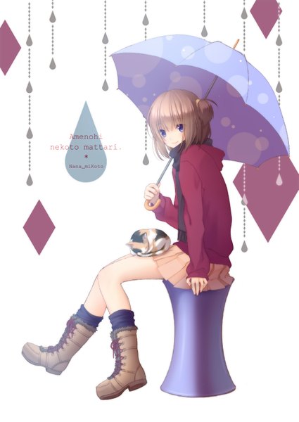 Anime picture 2149x3035 with original nana mikoto single tall image fringe highres short hair simple background brown hair white background sitting purple eyes twintails light smile short twintails girl skirt animal jacket boots
