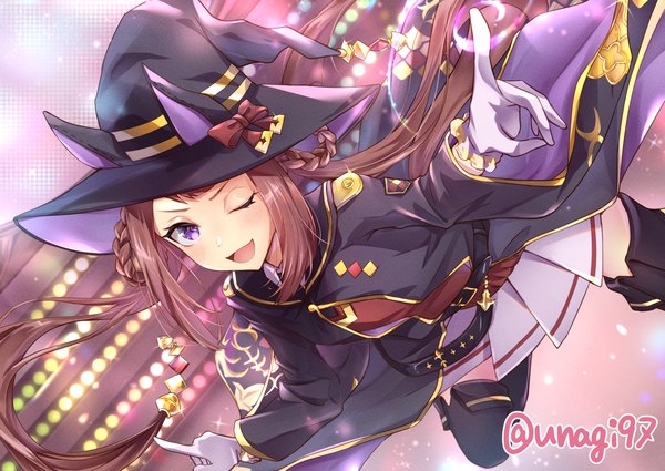 Anime picture 3541x2508 with umamusume sweep tosho (umamusume) sodemaru unagi single looking at viewer highres open mouth brown hair purple eyes twintails signed absurdres very long hair one eye closed twitter username ;d girl gloves hat white gloves