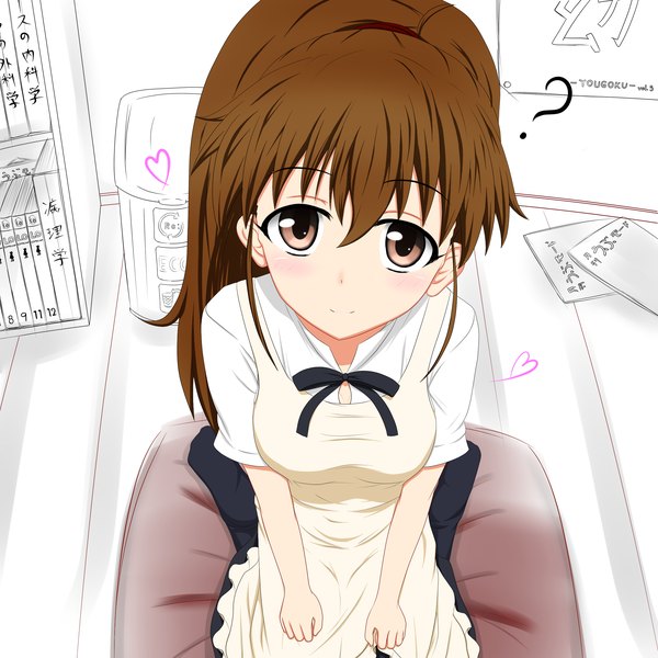 Anime picture 2300x2300 with working!! a-1 pictures taneshima popura tom-ani (artist) single long hair looking at viewer highres smile brown hair sitting brown eyes ponytail girl shirt apron