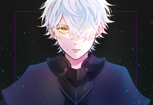 Anime picture 1724x1183 with fate (series) fate/grand order galahad (fate) k siradano single looking at viewer fringe highres short hair simple background yellow eyes upper body white hair parted lips hair over one eye black background portrait slit pupils boy