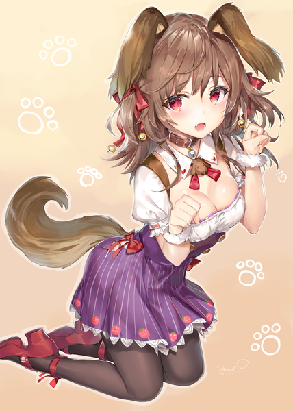 Anime picture 1000x1400 with original momoko (momopoco) single long hair tall image looking at viewer blush fringe breasts open mouth light erotic simple background hair between eyes red eyes brown hair animal ears cleavage tail animal tail short sleeves