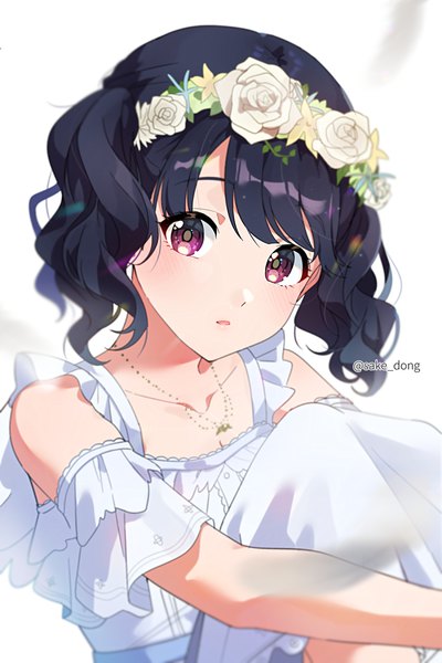 Anime picture 900x1350 with idolmaster idolmaster shiny colors fukumaru koito sake dong single tall image looking at viewer blush short hair black hair sitting purple eyes twintails signed twitter username short twintails wavy hair girl flower (flowers) rose (roses)