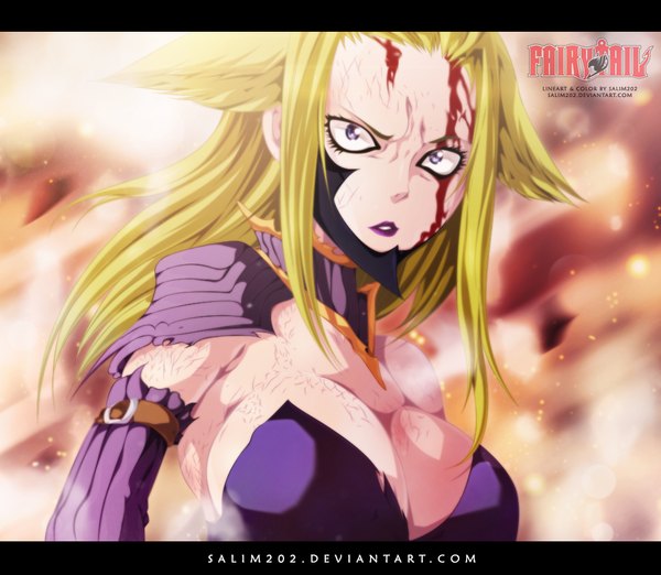Anime picture 1000x871 with fairy tail kyouka (fairy tail) salim202 single long hair breasts light erotic blonde hair large breasts purple eyes inscription torn clothes coloring light smoke girl blood