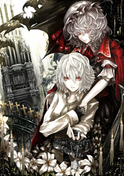 Anime picture 838x1183 with touhou remilia scarlet izayoi sakuya fujinohara akihira tall image looking at viewer smile red eyes multiple girls silver hair purple hair alternate costume puffy sleeves holding hands bat wings girl skirt gloves flower (flowers) 2 girls