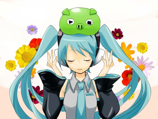 Anime picture 1024x768 with vocaloid hatsune miku long hair twintails eyes closed very long hair aqua hair girl flower (flowers) detached sleeves necktie headphones shiika