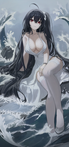 Anime picture 2350x4998 with azur lane taihou (azur lane) taihou (temptation on the sea breeze) (azur lane) matsogum single tall image looking at viewer fringe highres breasts light erotic black hair hair between eyes red eyes large breasts sitting full body very long hair one side up official alternate costume