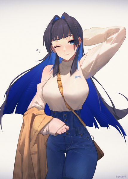 Anime picture 5161x7230 with virtual youtuber hololive hololive english ouro kronii ouro kronii (casual) chilakkk single long hair tall image looking at viewer highres blue eyes black hair simple background smile bare shoulders blue hair absurdres one eye closed multicolored hair