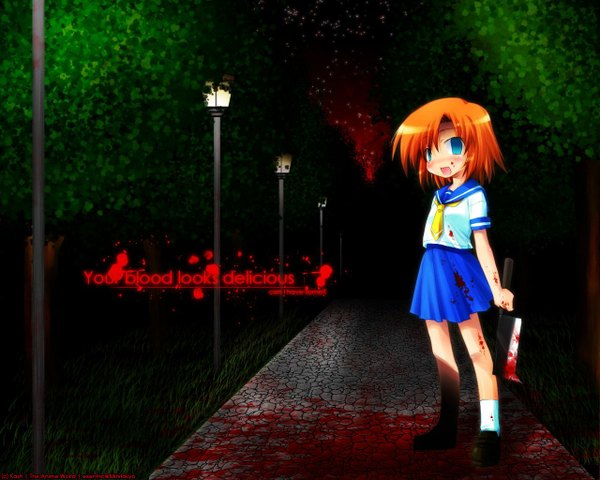 Anime picture 1280x1024 with higurashi no naku koro ni studio deen ryuuguu rena single looking at viewer blush short hair open mouth blue eyes smile standing holding signed full body pleated skirt orange hair inscription night short sleeves night sky