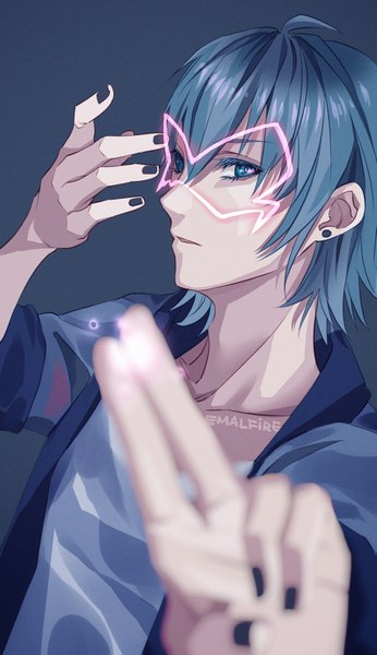 Anime picture 1341x2320 with miraculous ladybug luka couffaine emalfire single tall image looking at viewer fringe short hair blue eyes simple background hair between eyes signed upper body ahoge nail polish arm up dark background outstretched hand boy earrings