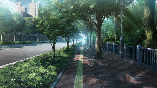 Anime picture 1280x720 with grisaia no kajitsu wide image game cg cityscape plant (plants) tree (trees) building (buildings) fence road