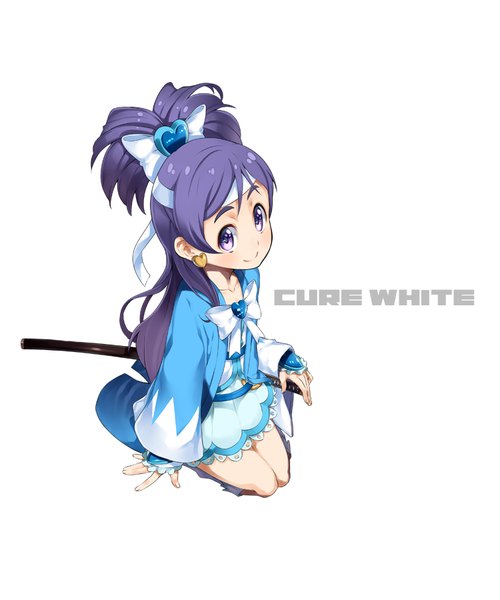 Anime picture 750x900 with precure futari wa pretty cure toei animation yukishiro honoka cure white yuuzii single tall image looking at viewer blush simple background smile white background sitting purple eyes purple hair ponytail traditional clothes japanese clothes from above