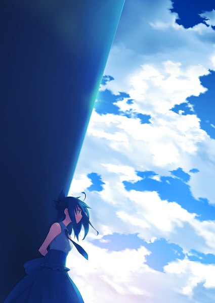 Anime picture 721x1017 with original nanakusa single tall image short hair blue eyes bare shoulders blue hair sky cloud (clouds) profile girl dress bow hair bow necktie