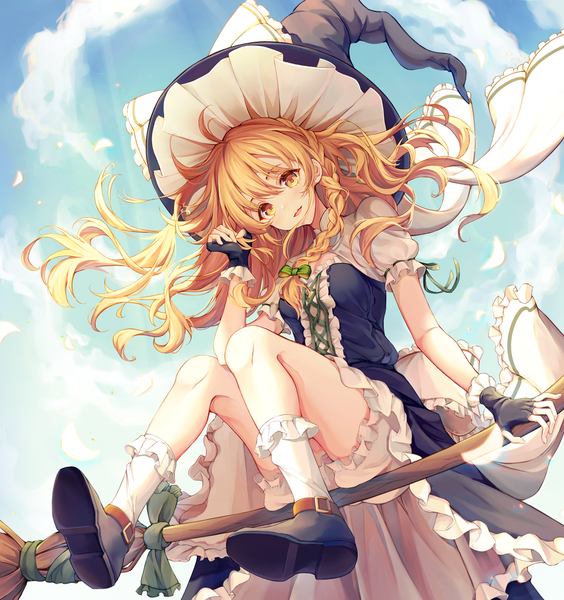 Anime picture 1200x1276 with touhou kirisame marisa minyumim single long hair tall image looking at viewer blush fringe open mouth blonde hair hair between eyes yellow eyes sky cloud (clouds) full body bent knee (knees) outdoors braid (braids) head tilt