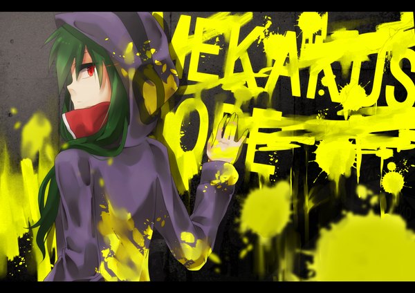 Anime picture 2000x1416 with kagerou project shaft (studio) kido tsubomi wk (artist) single long hair looking at viewer highres red eyes profile green hair inscription letterboxed graffiti girl hood paint