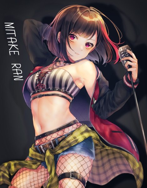 Anime picture 816x1041 with bang dream! mitake ran shinotarou (nagunaguex) single tall image looking at viewer blush fringe short hair breasts light erotic black hair simple background standing holding blunt bangs pink eyes multicolored hair arm up off shoulder