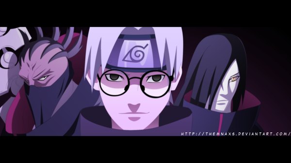 Anime picture 1600x900 with naruto studio pierrot naruto (series) sasori orochimaru yakushi kabuto themnaxs long hair fringe short hair black hair wide image yellow eyes light smile grey hair black eyes hair over one eye coloring dark background akatsuki