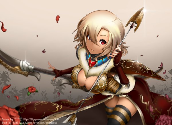 Anime picture 2600x1900 with blat (artist) single looking at viewer fringe highres short hair breasts light erotic blonde hair red eyes large breasts light smile hair over one eye girl thighhighs weapon black thighhighs clothes bow (weapon) arrow (arrows)