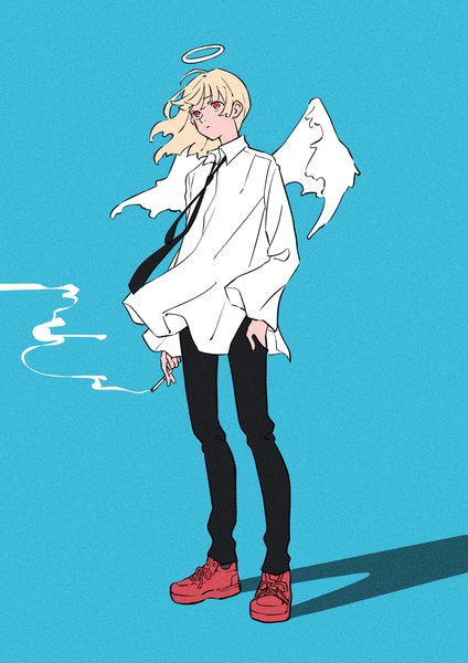 Anime picture 2676x3783 with original mele ck single long hair tall image highres simple background blonde hair red eyes standing looking away full body shadow blue background smoke white wings angel androgynous wings necktie